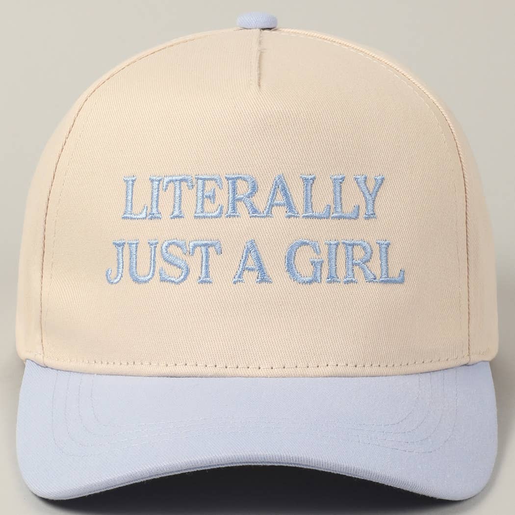 Literally Just A Girl Embroidery Two Tone Trucker Hat: LT BLUE / ONE SIZE